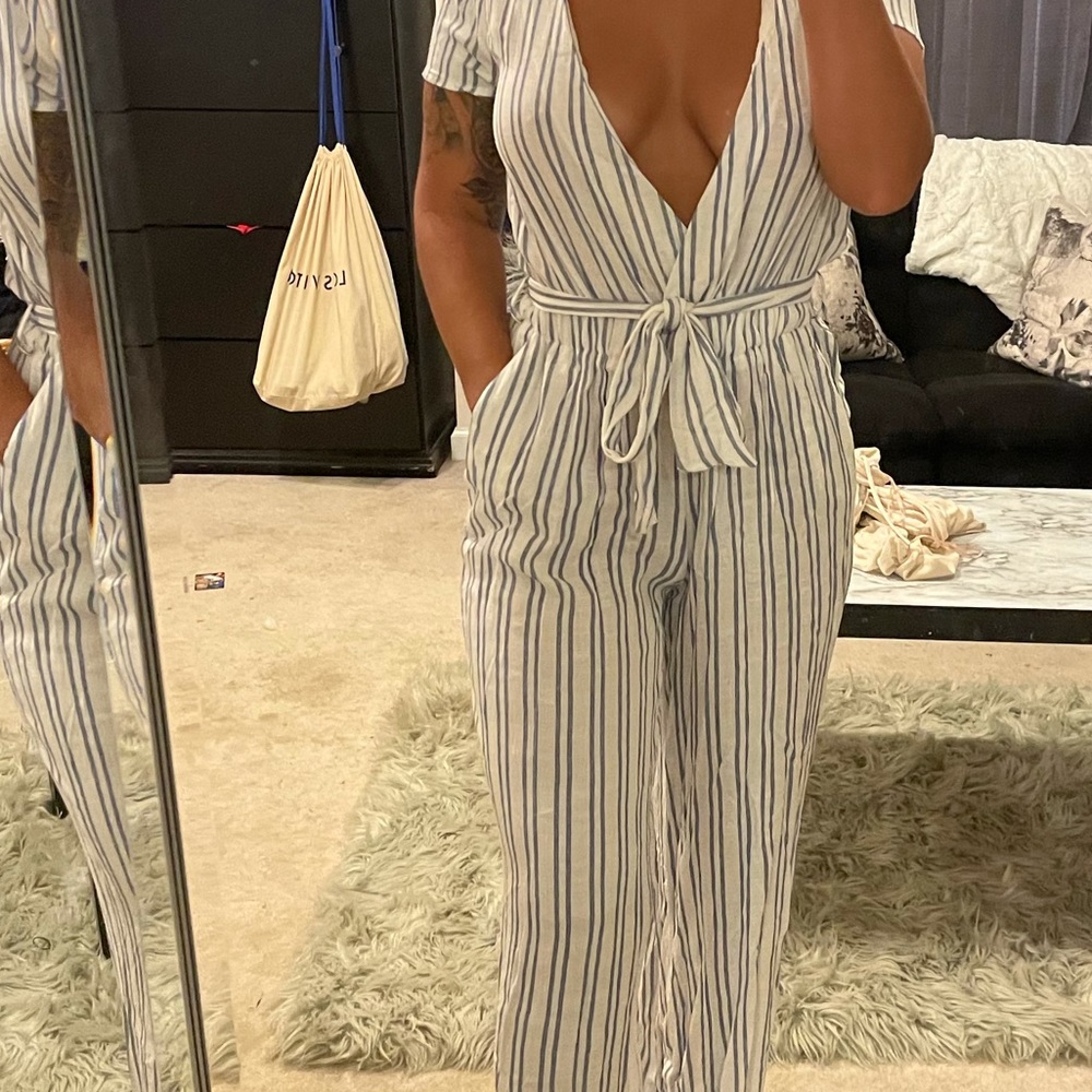 White and navy jumpsuit